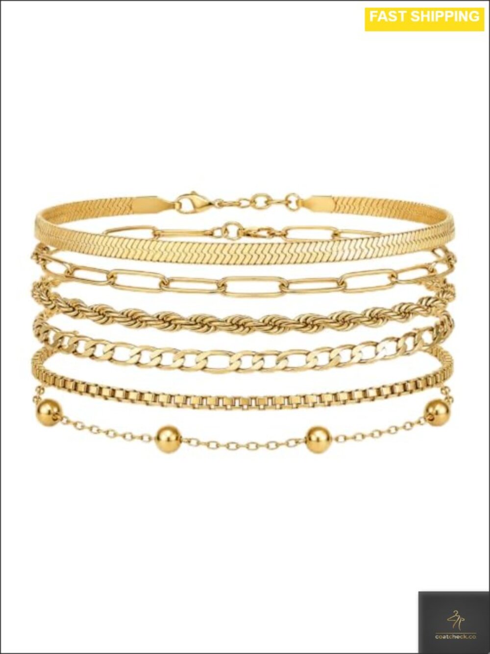 18K Gold Plated Stainless Steel 6 Piece Chain Bracelet Set Adjustable Layering